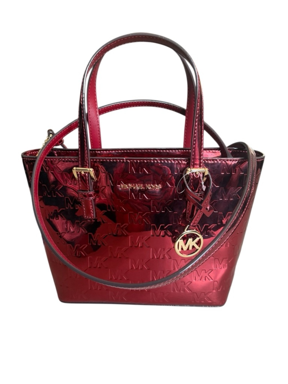 Michael Kors Jet Set Travel XS Cherry Metallic Patent MK Logo Tote Bag
